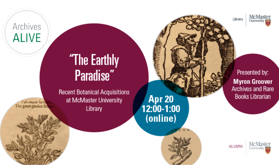 A graphic advertising an Archives Alive event. It features illustrated images of plants and the McMaster Library and McMaster Alumni logos.