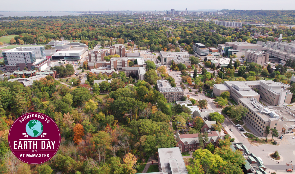 An aerial shot of McMaster's campus with a maroon watermark in the corner that reads, 'countdown to Earth Day 2023 at McMaster'