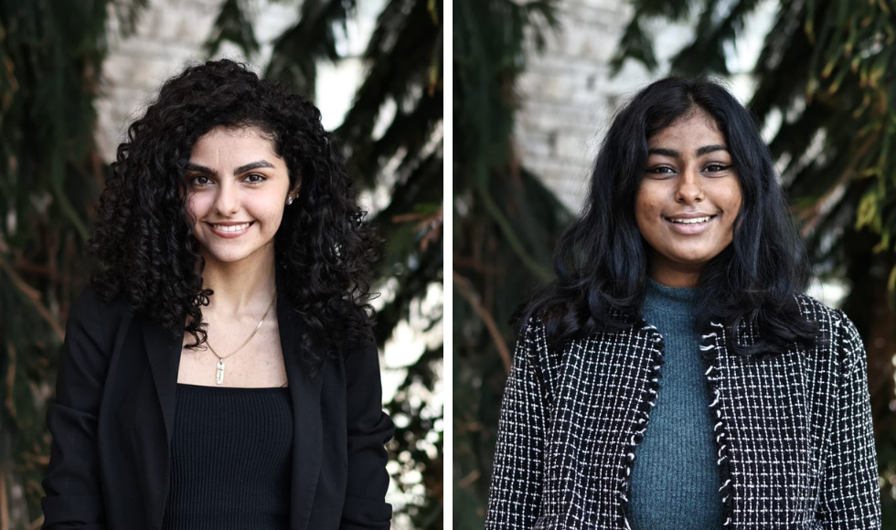 Headshots of Marfy Abousifein, left and Rhea Varghese, against a backdrop of trees.