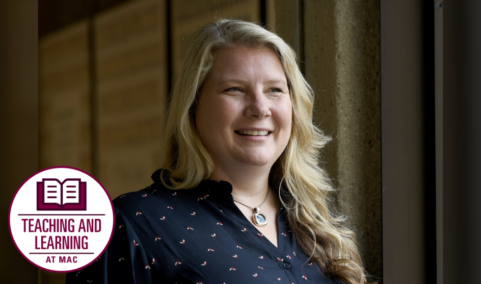 Krista Howarth smiling while looking off in the distance. In the corner of the photo there is a graphoic that reads, 'teaching and learning at Mac'