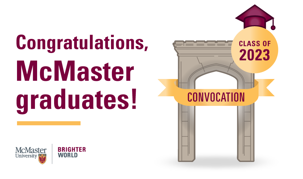 A graphic illustration of McMaster’s Edwards Arch and a mortarboard with text that reads, ‘Congratulations, McMaster graduates! Convocation - Class of 2023.’