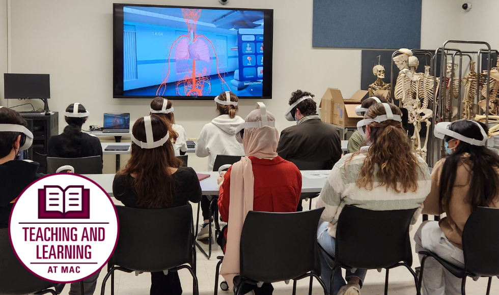 anatomy students in a classroom wearing virtual reality headsets.