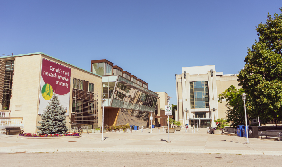 The exterior of the McMaster University Student Centre and Mills Library on McMaster's main campus