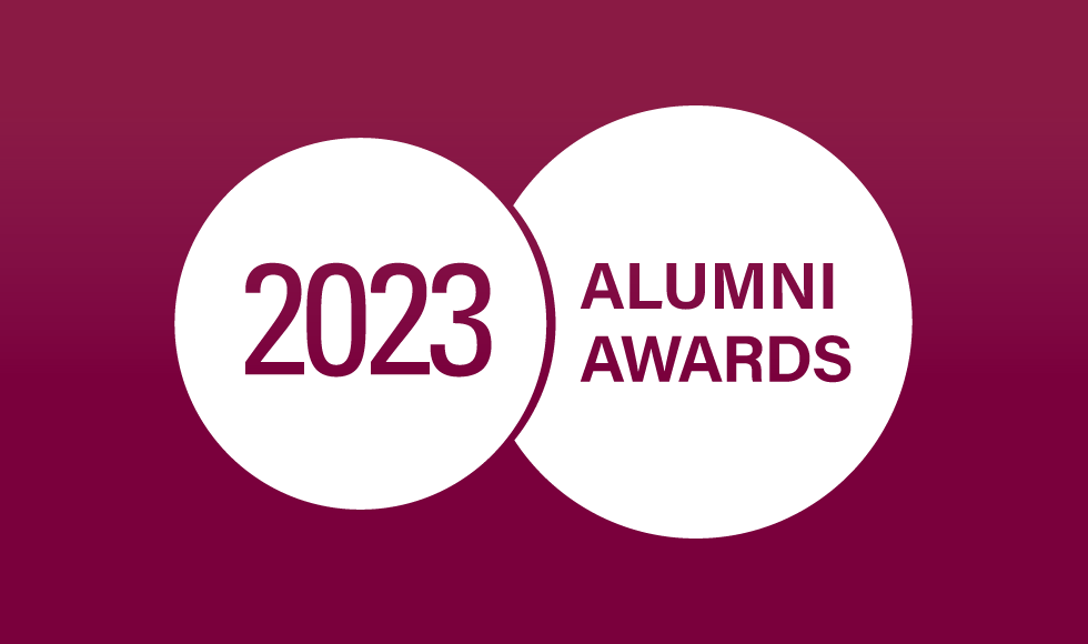 A maroon and white graphic that reads, '2023 Alumni Awards.'
