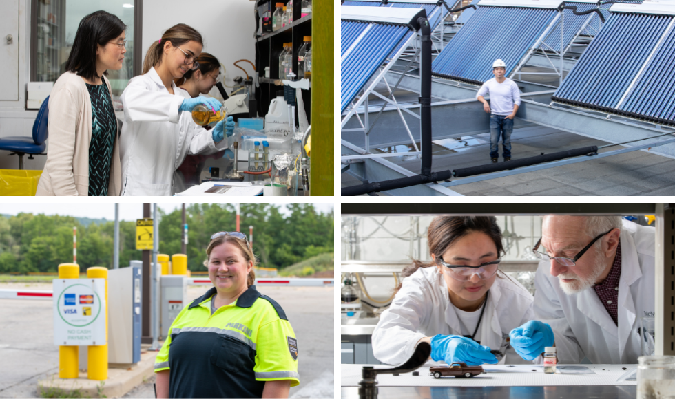 A collage of pictures of people working at McMaster — wearing lab gear in a lab, wearing a hard hat on a roof surrounded by solar panels, in a uniform at the entrance to a parking lot; and in a different lab.