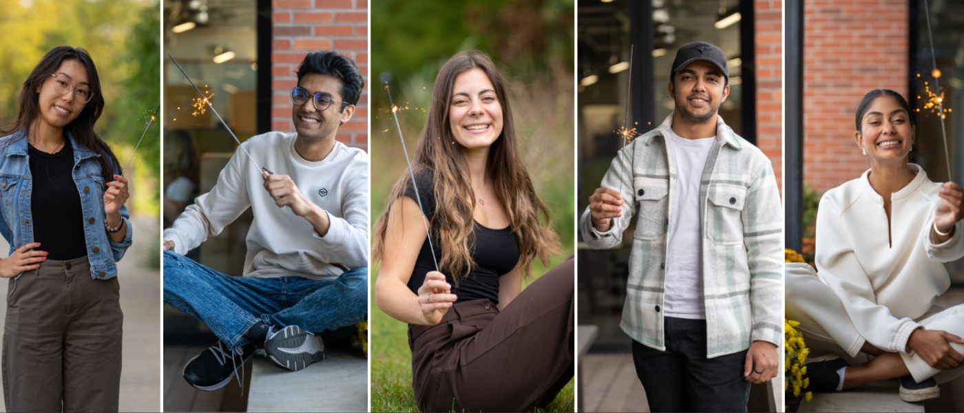 A grid of five photos of people smiling while holding lit sparklers