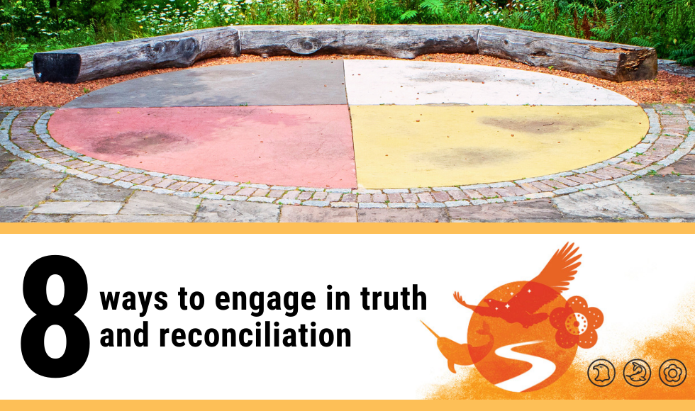 The Indigenous Circle at McMaster University featuring a circular arrangement of stones and benches made from tree trunks. A graphic appears on the image with the text 8 ways to engage in truth and reconciliation.