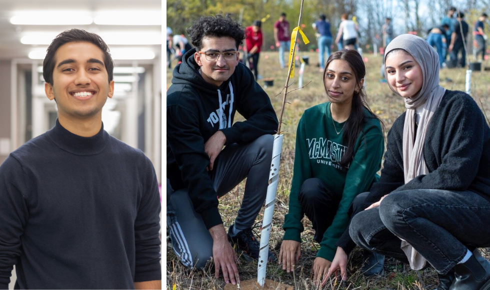 (From left to right: McMaster student Armaan Kotadia, and recent graduates Abdullah Mumtaz, Herleen Sambhi and Sama Hameed have been recognized for their contributions to the environment by the Hamilton Environmentalists of the Year Awards. Photos courtesy Armaan Kotadi and Peter Rukavina/McMaster University).