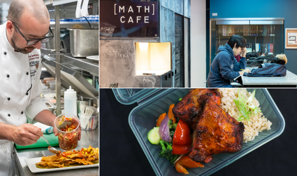 A collage of three photos. One is of a person in chef whites preparing food, another is a student studying in a cafe and the third is of food in a plastic reusable takeout container