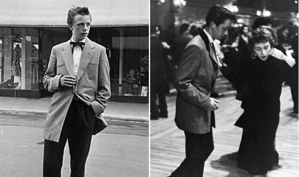 Two black-and-white photos side-by-side. The photos show men dressed in the style of the Teddy Boy youth subculture of Britain in the 1950s