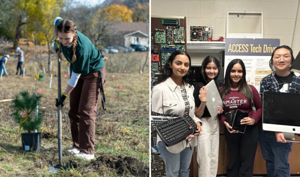 Two photos side-by-side. On the left is someone planting a tree. On the right are four students holding up pieces of donated technology.