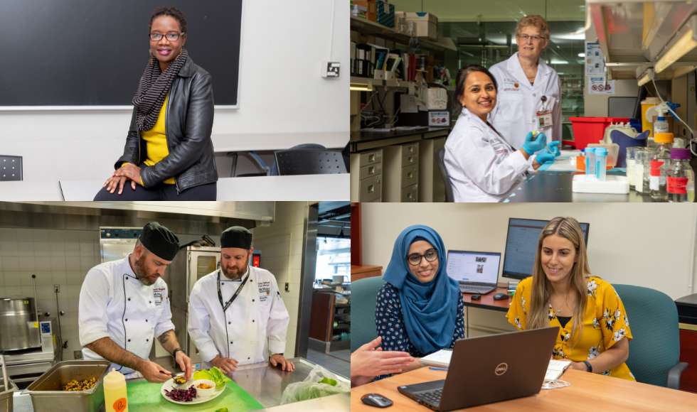 a collage of 4 pictures: Prof Selina Mudavanhu sitting on a desk; researchers in a lab; hospitality staff plating food and 2 people working at a desk.