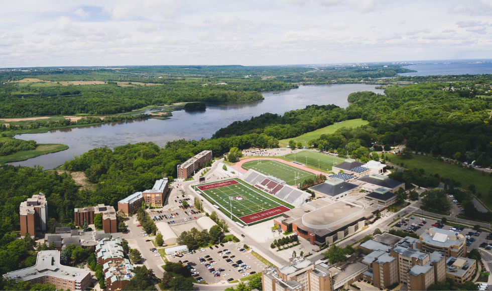 An aerial view of McMaster's campus and Cootes Paradise