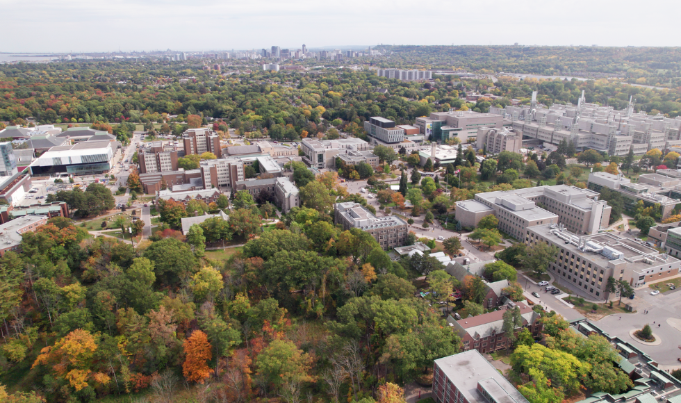 An aerial view of McMaster's campus at a time of year when the trees are green and only a few have started to turn red/orange