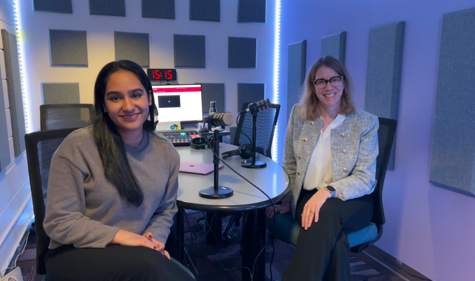 Image of Nidhi Mahotra in the podcast studio with her guest Faculty of Science Dean Maureen MacDonald