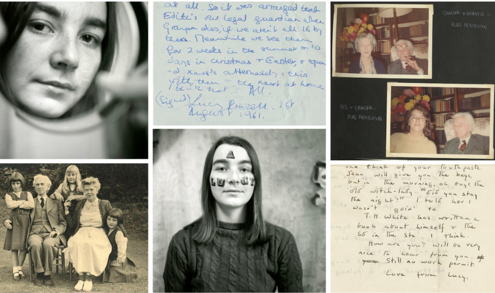 A collage of black and white photos of Lucy Catherine Russell and handwritten notes created by her.