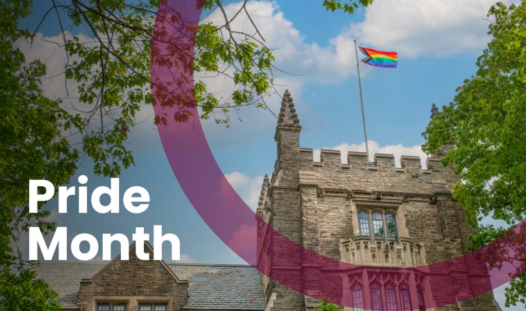 Pride flag flying on University Hall, with an arc of the McMaster branded circle superimposed on part of the image. Text reads 