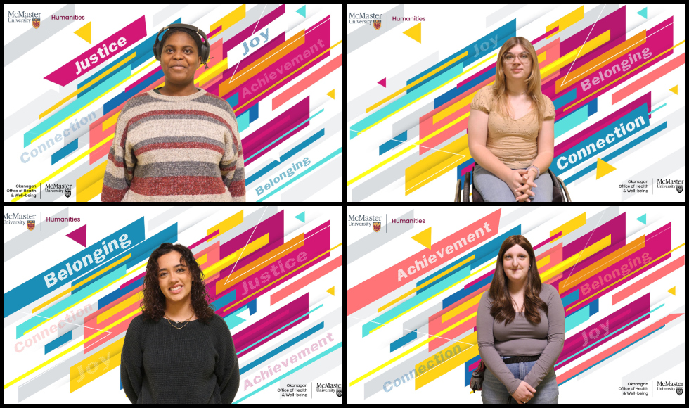 A grid of four photos of students smiling or looking directly at the camera. Behind each of the students is a multi-coloured backdrop that has words like ‘Justice, Belonging and Achievement’ laid overtop.