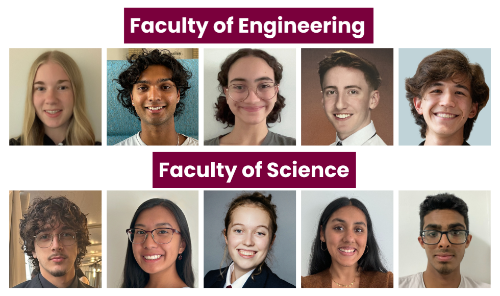 A graphic with two rows of five headshots. The top row is labelled Faculty of Engineering and the bottom row is labelled Faculty of Science.