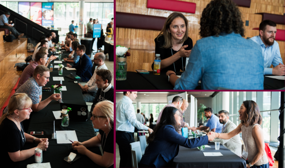 Grid of 3 pictures of people smiling and talking and shaking hands as they sit across the table from one another.