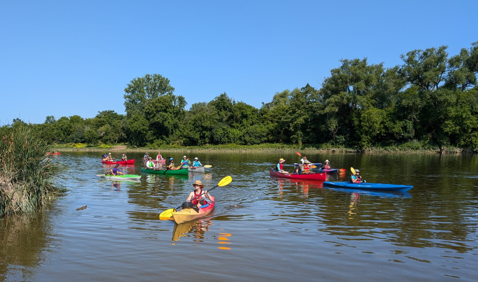 People in canoes and kayaks on a river on a sunny day.