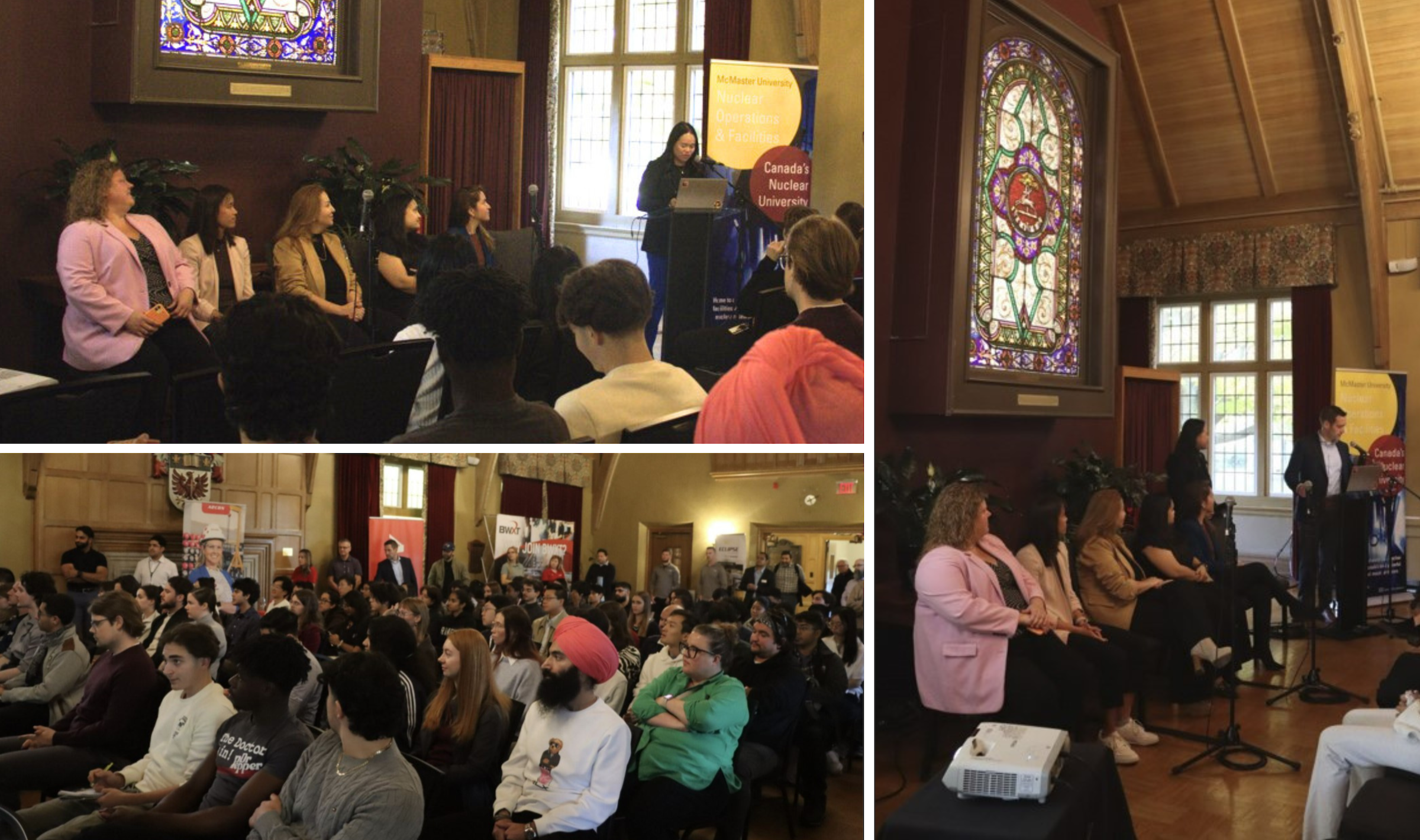 a grid of three photos from the nuclear now event, showing people in Alumni Memorial Hall