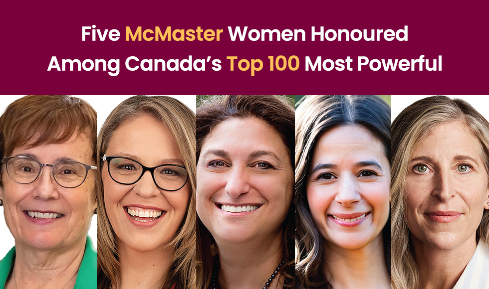 A graphic containing the headshots of five women and text that reads, ‘Five McMaster Women Honoured Among Canada’s Top 100 Most Powerful.’