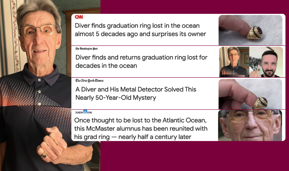 A photo of Morgan Perigo holding up his fist, showing a gold ring on his pinkie finger. There is a graphic overlay showing four headlines from CNN, The Washington Post, The New York Times and The Hamilton Spectator. Each of the headlines is about a diver finding a long-lost ring.