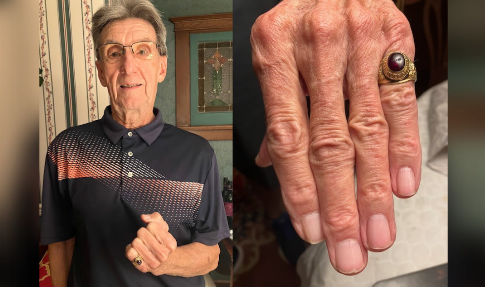 Two photos side-by-side. One shows Morgan Perigo wearing a ring and holding up his fist. The other shows a tight shot of the ring on his finger.