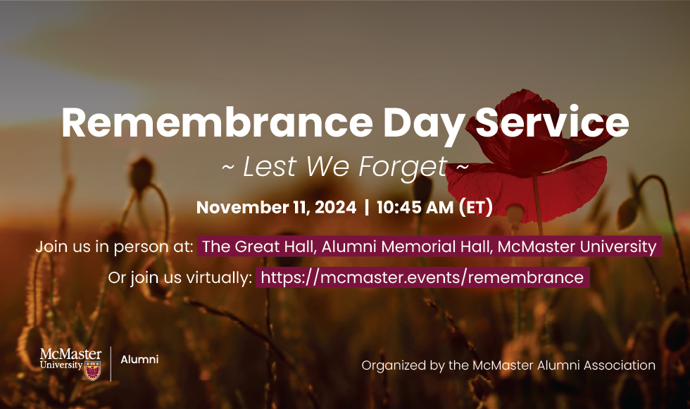 A graphic with text advertises a Remembrance Day Service. The text is set against a photo of a poppy in a field.