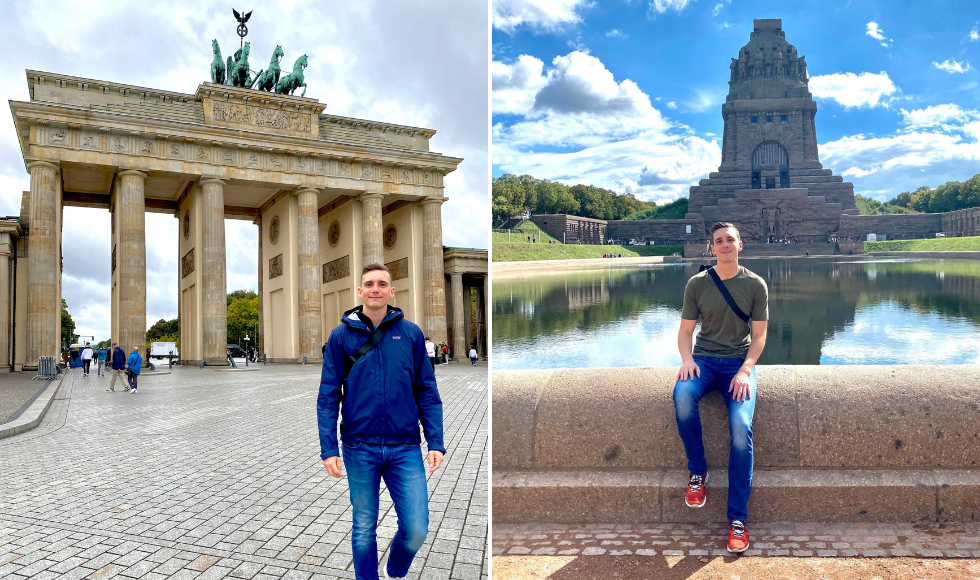 Two photos of Ryan Heyden side-by-side. On the left is a photo of him standing in front of the Brandenburg Gate in Berlin, Germany. The photo on the right shows him seated with the Monument to the Battle of the Nations in Leipzig behind him.