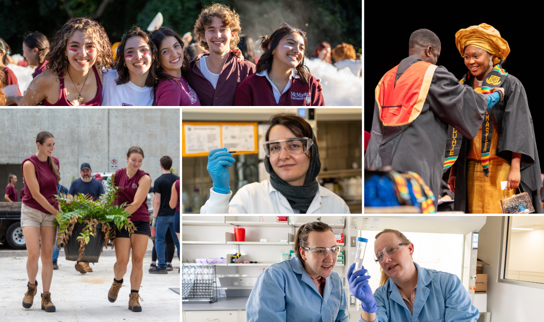 A grid of five images showing scenes from McMaster in 2024 — 5 happy students at Homecoming, a beautifully dressed student being hooded at Black Grad; two students carrying a large plant at the plant parade; A researcher in protective goggles and gloves holding something up in a lab; and two people in lab coats looking at a large test tube full of clear liquid.