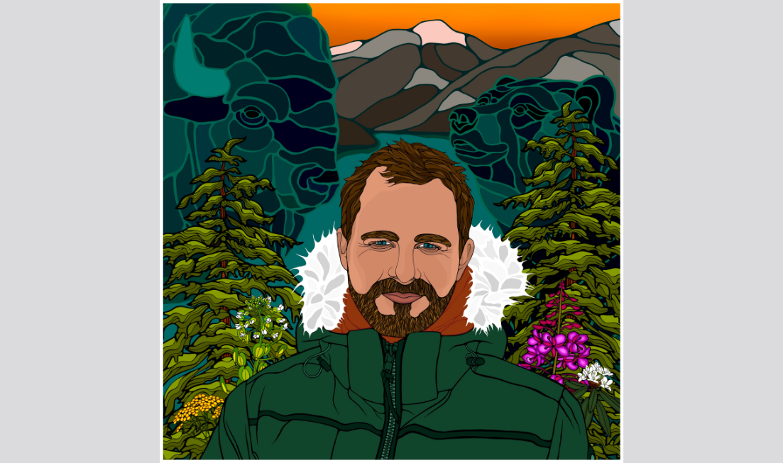 A colour illustration of a portrait of filmmaker Wayne Wapeemukwa wearing a parka against a backdrop of a Canadian landscape.