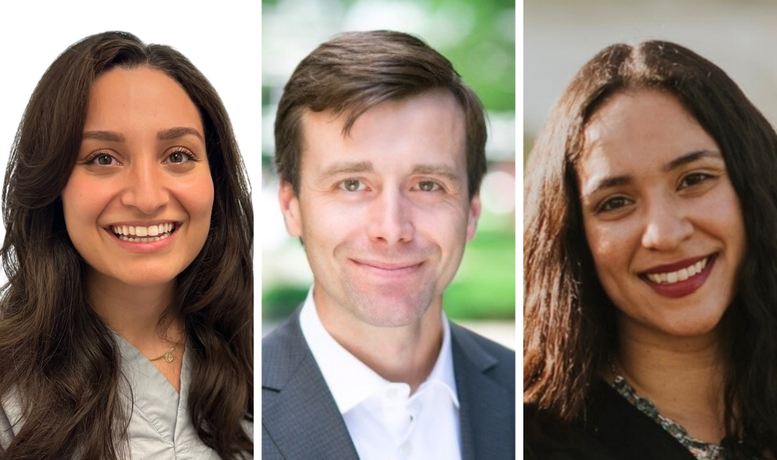 Headshots of three people in a row: Kimia Sorouri, Alex Mazer and Debjani Poddar Hannigan