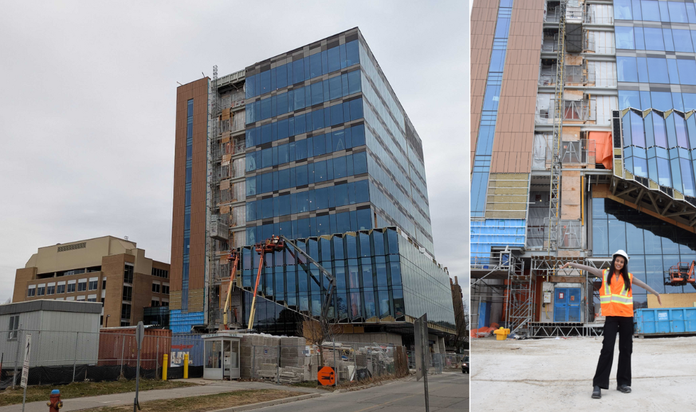 Two side by side images, one of the exterior of a tall building under construction, one of a young woman standing in front of the same building wearing a hard hat and safety vest.