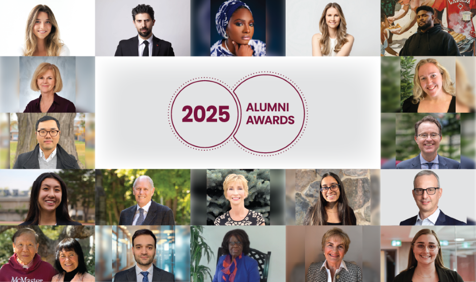 A collage of 19 people's headshots, surrounding text that reads: 2025 Alumni Awards.