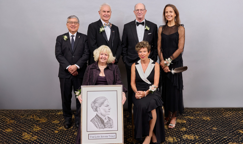 Group portrait of Canadian Medical Hall of Fame 2024 laureates, with portrait of Jennie Trout.