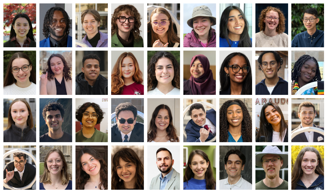 A grid of 36 headshots of students from across faculties