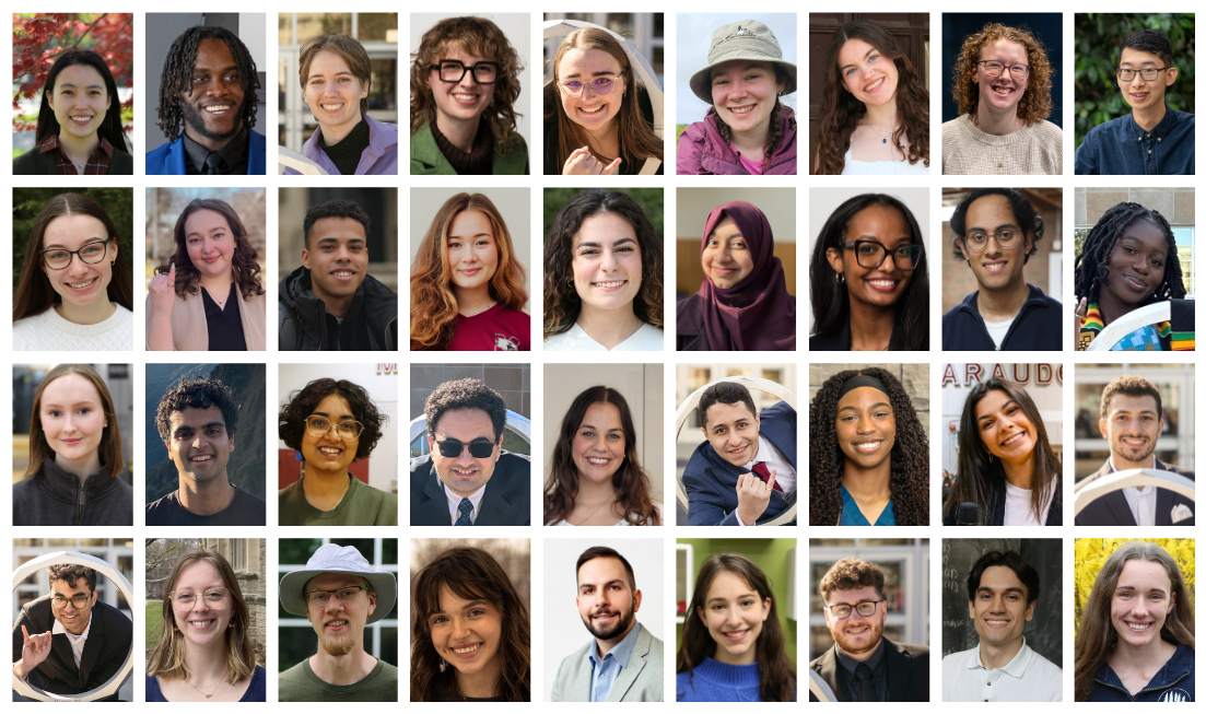 A grid of 36 headshots of students from across faculties