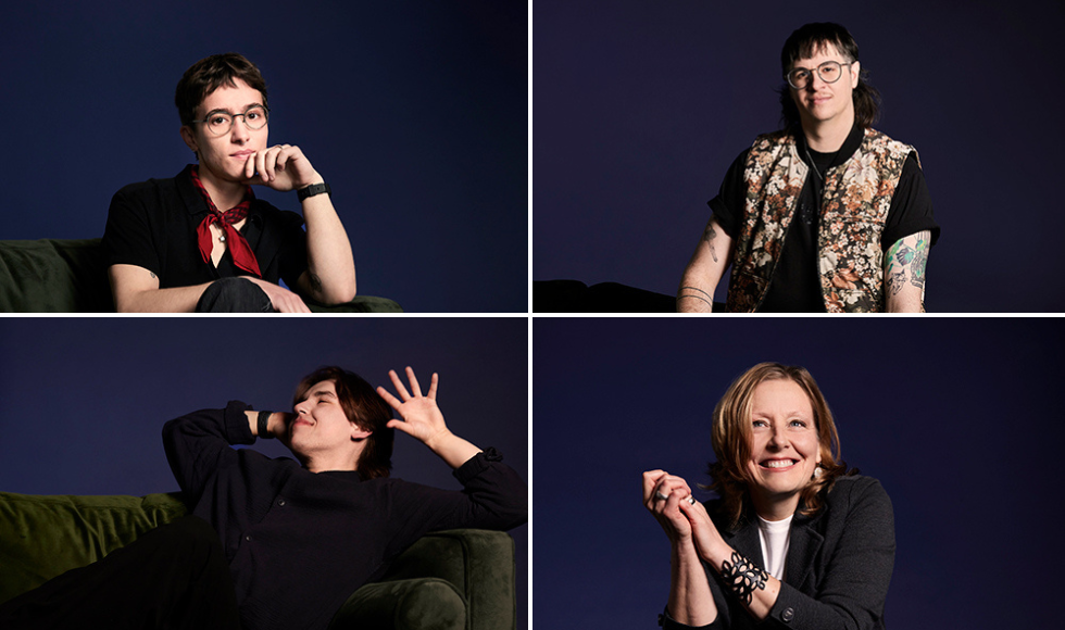 A grid of four headshots, each showing a person posed against a dark indigo background.