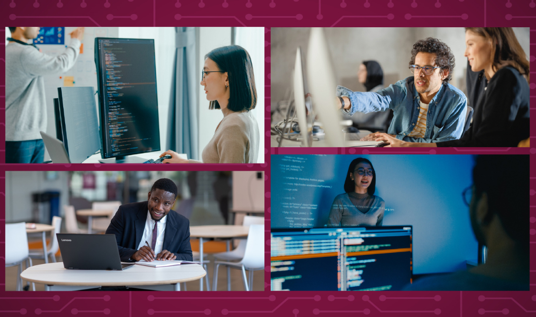 A grid of four images showing people working at desks and computers