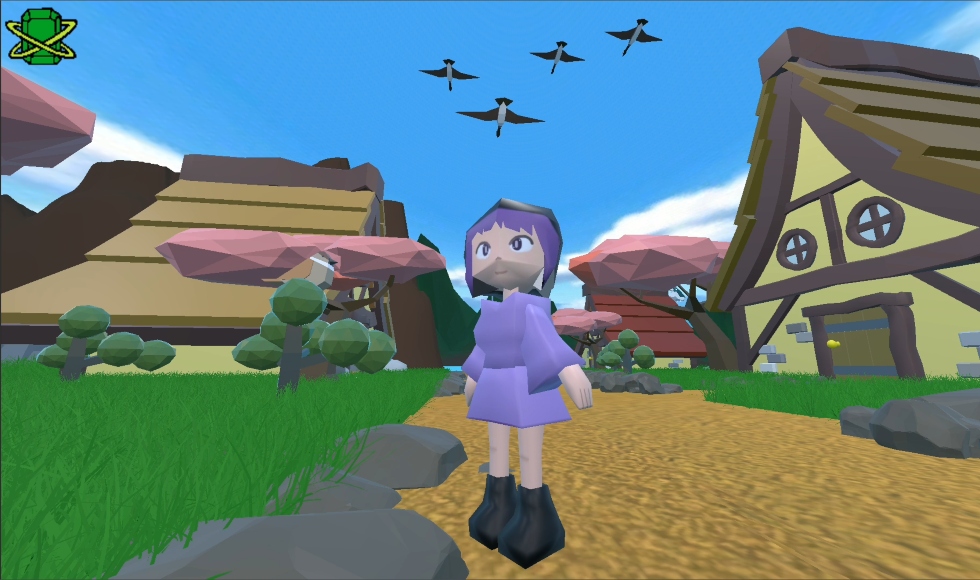 A screenshot from a video game, showing a figure in a purple dress standing on a road with houses in the background and birds flying overhead.
