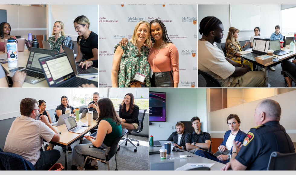 A collage of photos showing people sitting at desks, using laptops, and speaking to each other.