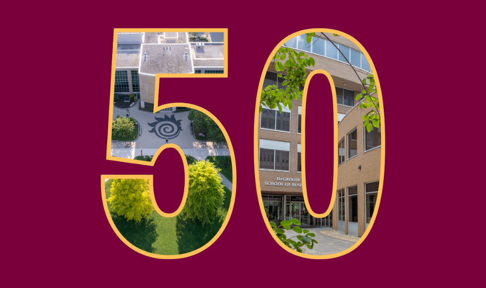 A graphic of the number '50', with university buildings seen through the letters.