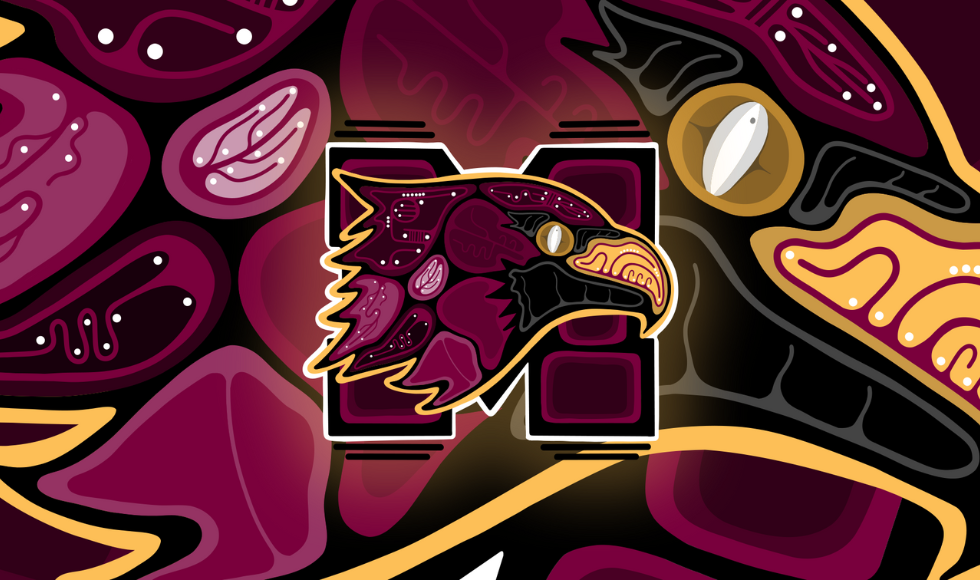 Artwork depicting an eagle, the letter M, and connecting lines.