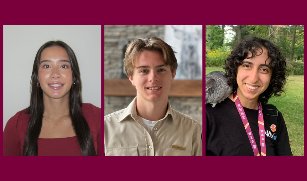A composite image of three students: Michelle Kocher, Will Sargeant and Anika Yadav.