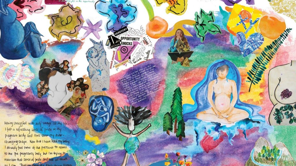 A multi-coloured collage with images of pregnant bodies and abstract shapes.