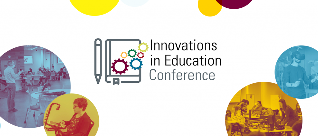 A graphic that reads, 'Innovations in Education Conference' and features several different coloured duotones containing various classroom scenes