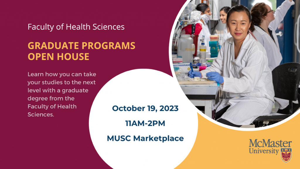 A graphic advertising the Faculty of Health Sciences Graduate programs open house