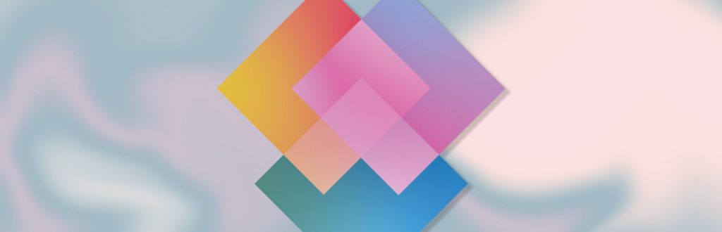 A graphic featuring intersecting blocks of colour set against a blue, pink and white gradient.